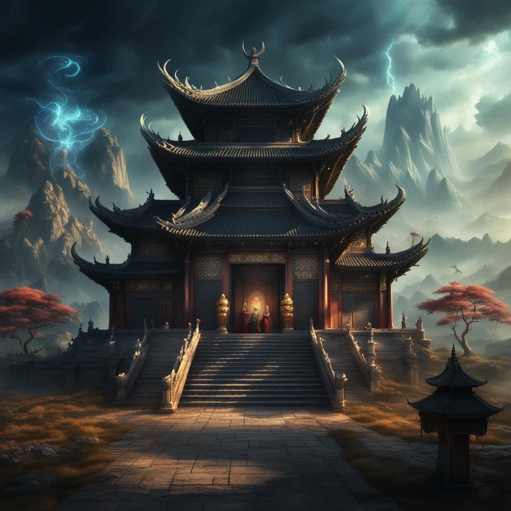 Ancient Chinese Temple of Magic in Dark Fantasy Style