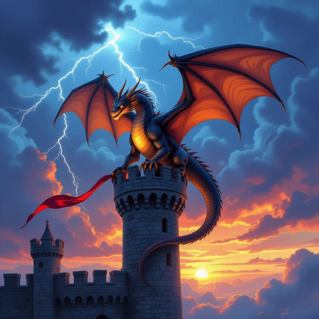 Dragon Lands Castle Turret Amidst Stormy Sunset