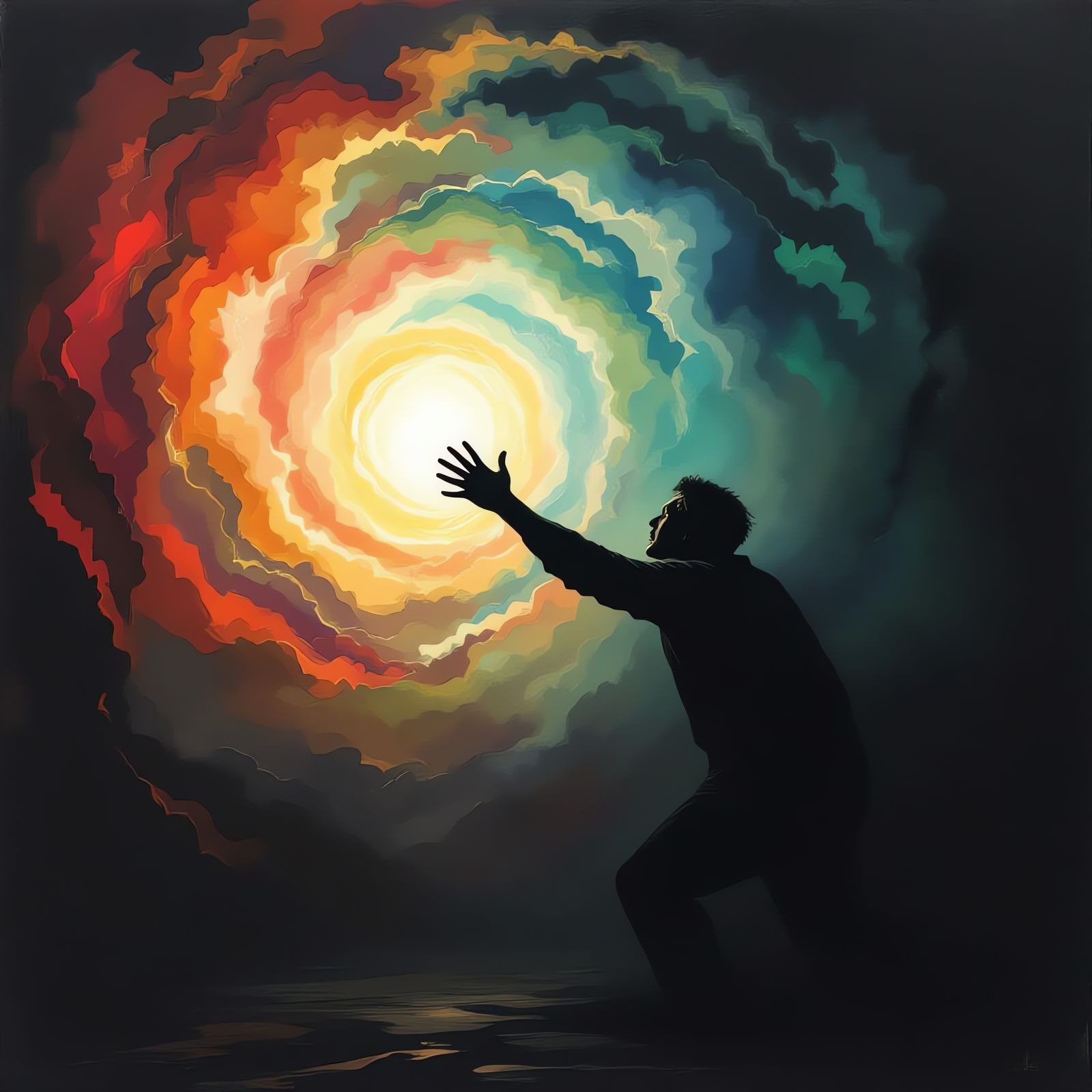 Shadow Figure Reaches for Ethereal Substance in Surreal Vort...