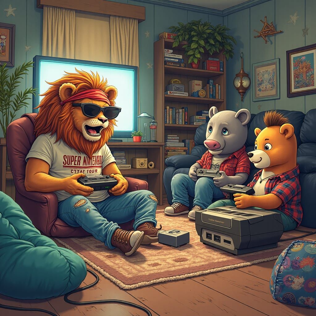 Friends Gaming Night in a Retro Living Room Scene