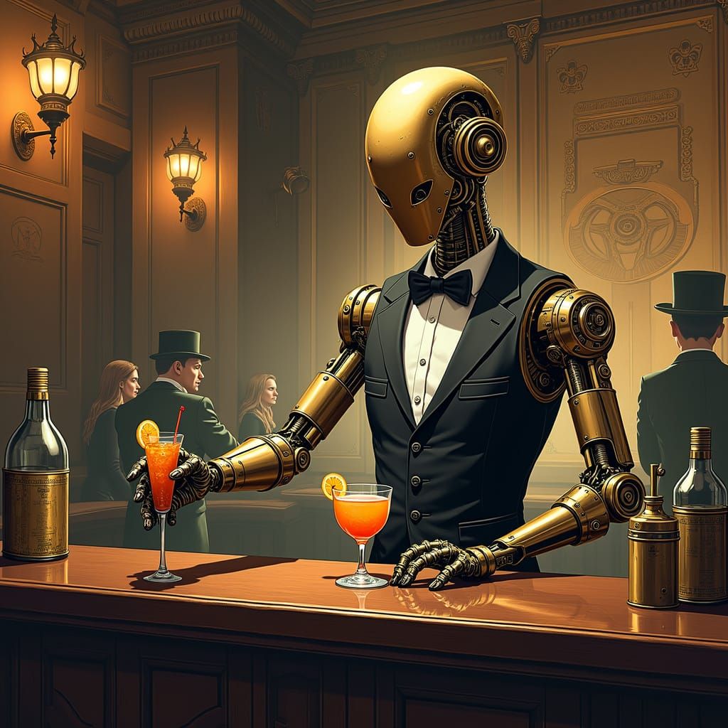 Steampunk Robot Bartender in Victorian Saloon