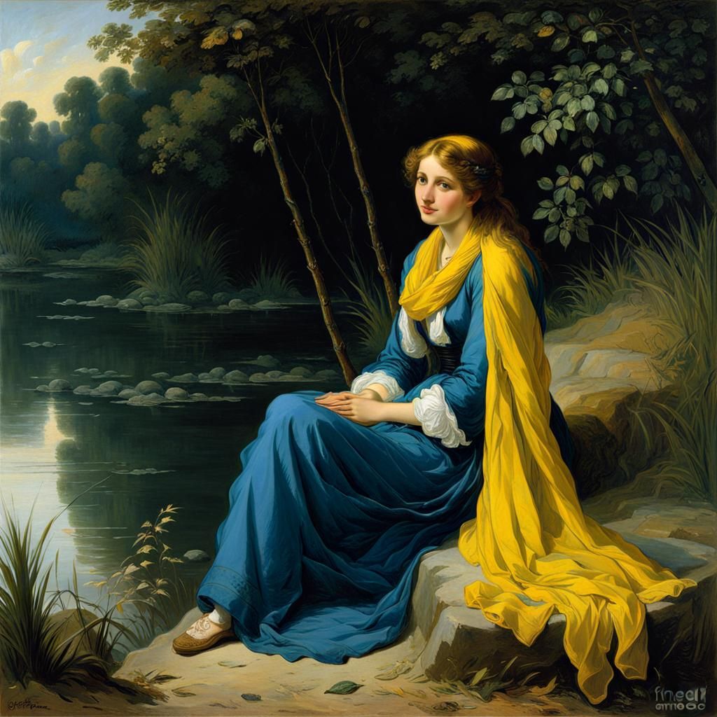 Woman at Riverbank in Engraving Style