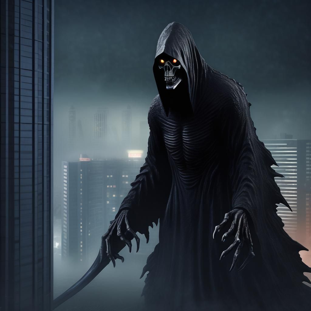 Grim Reaper as Godzilla over City at Night