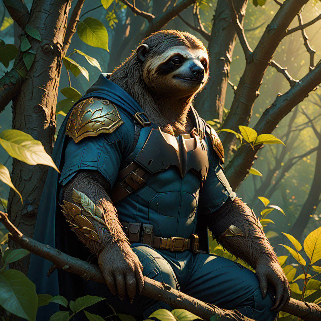 Sloth in Tattered Batman Suit, Heroically Perched