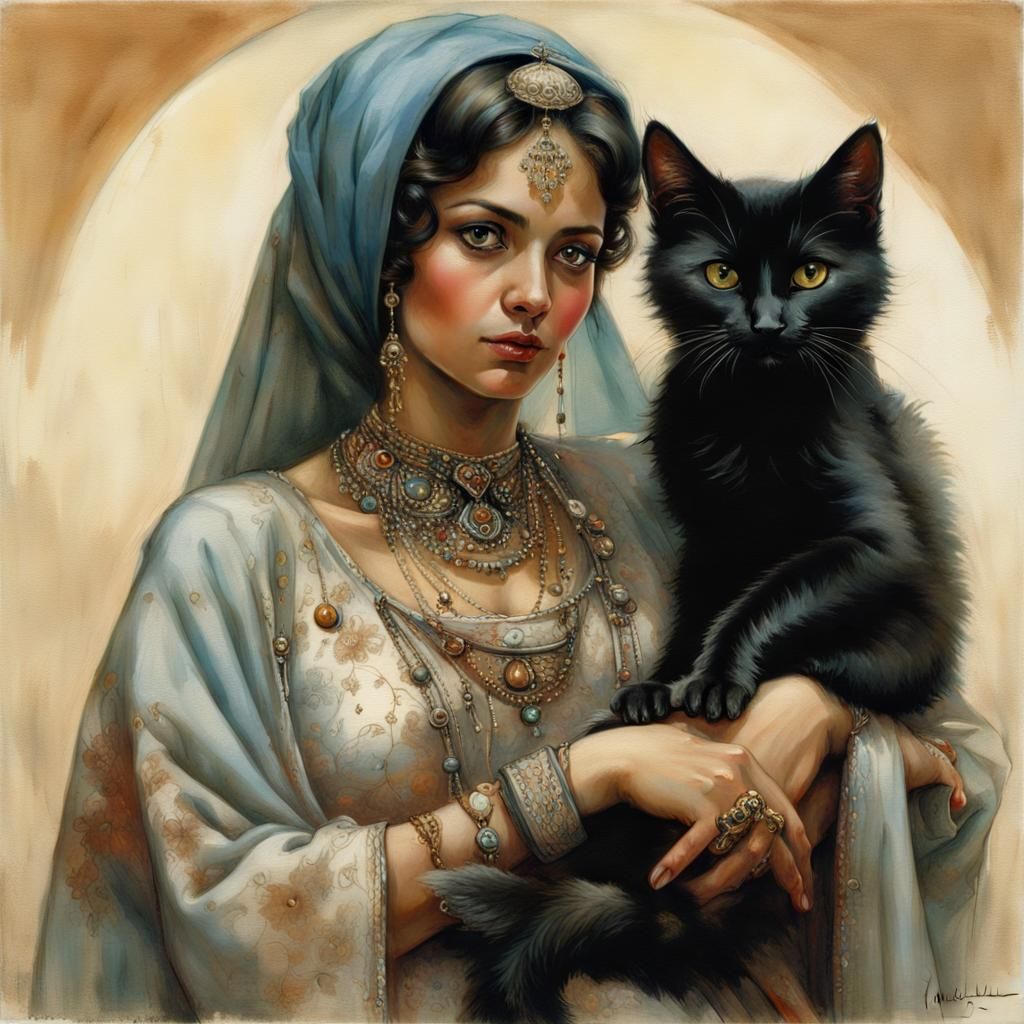 Arabic Woman with Kitten, Vivid Colors