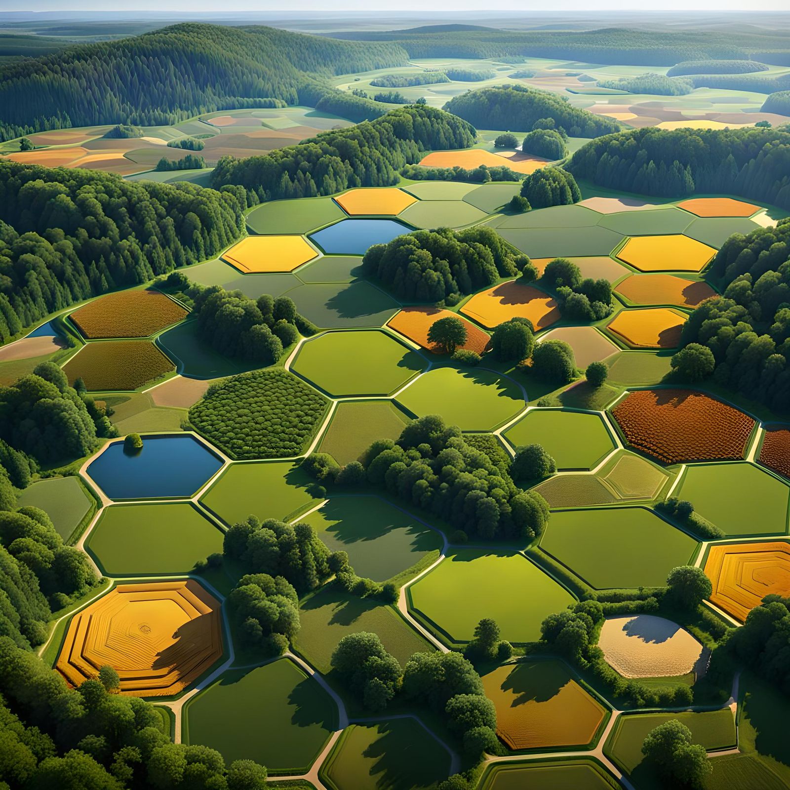 Hyperreal Catan Landscape with Hexagonal Fields