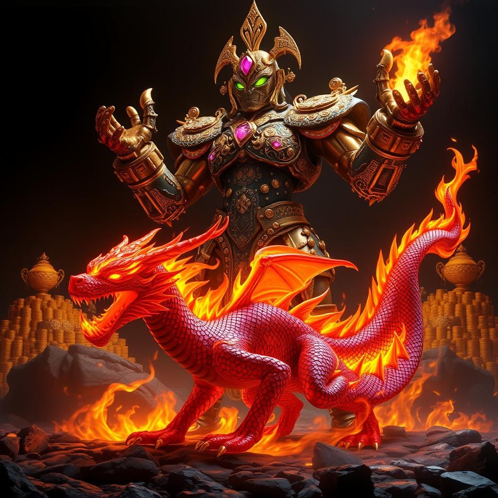 Fire Dragon and Treasure Golem in Art Nouveau Style