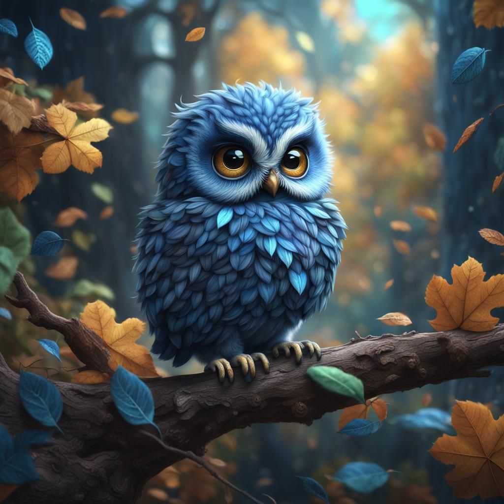 Cute Blue Baby Owl with Big Eyes