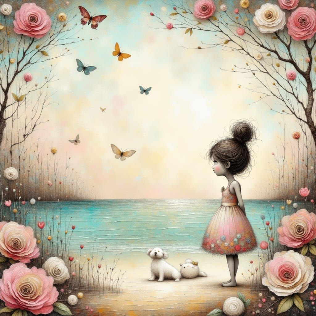 Heart Frame with Girl and Dog by Ocean in Soft Pastels