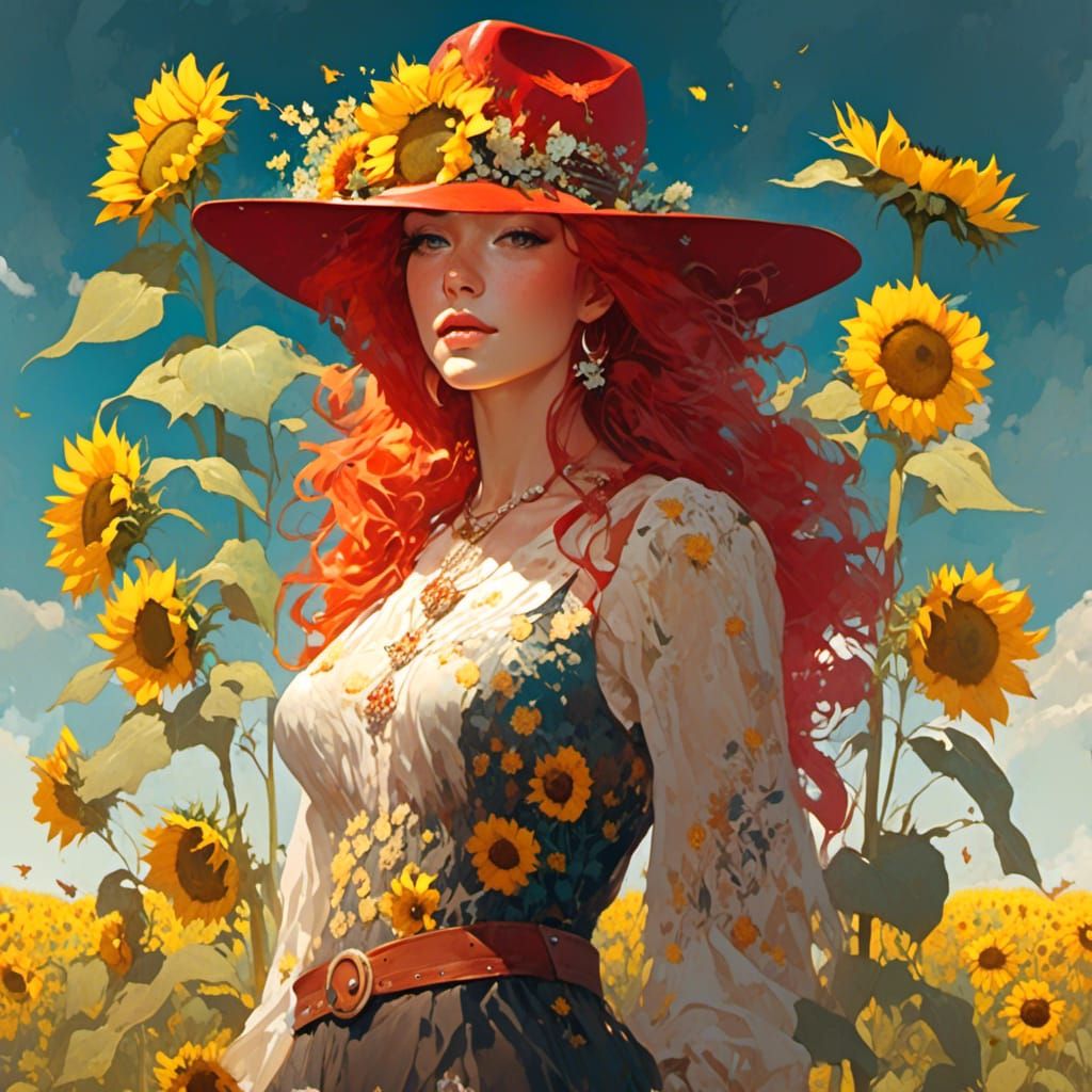Cowboy Double Exposure with Redhead in Sunflowers