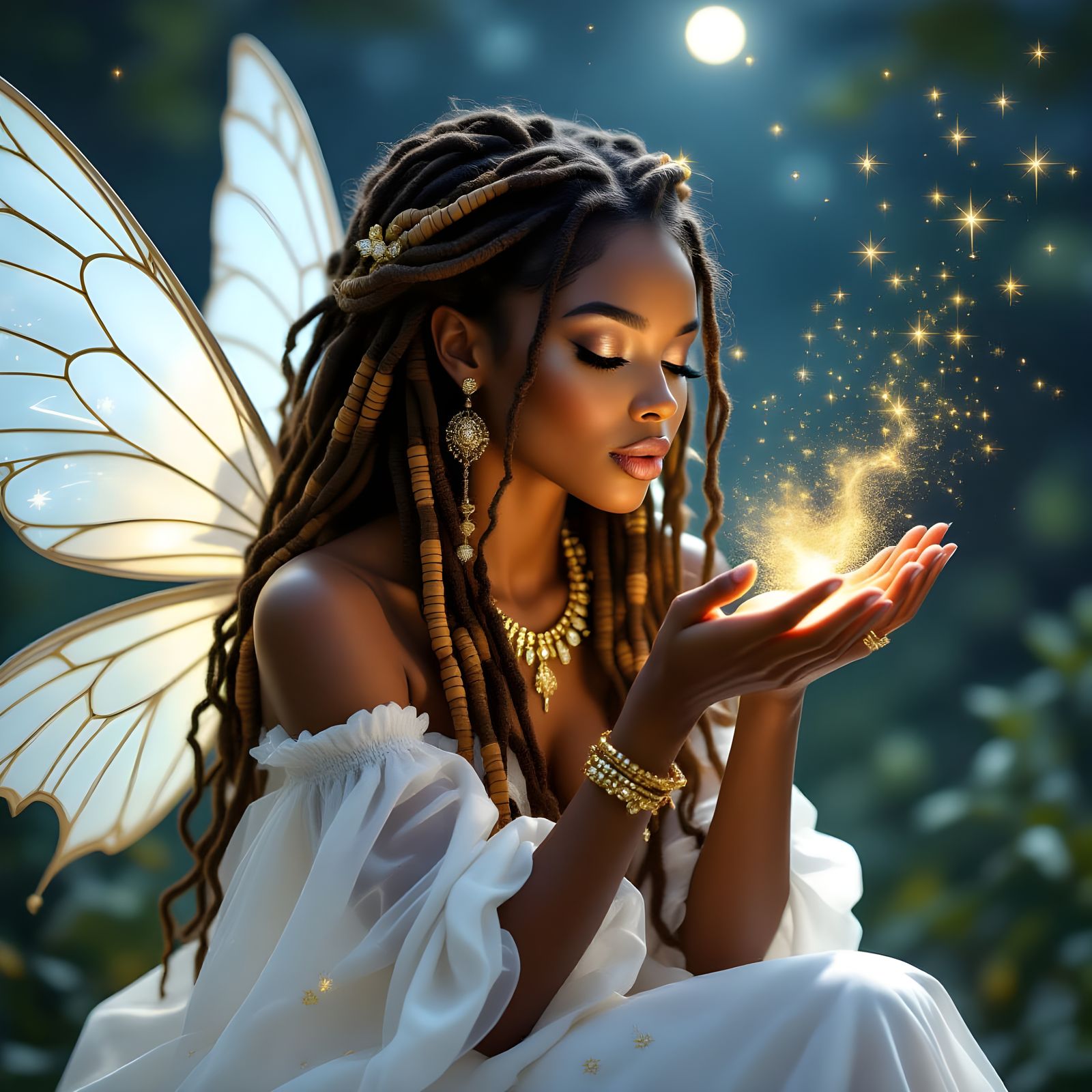 African-American Fairy with Dazzling Wings and Gold Dust