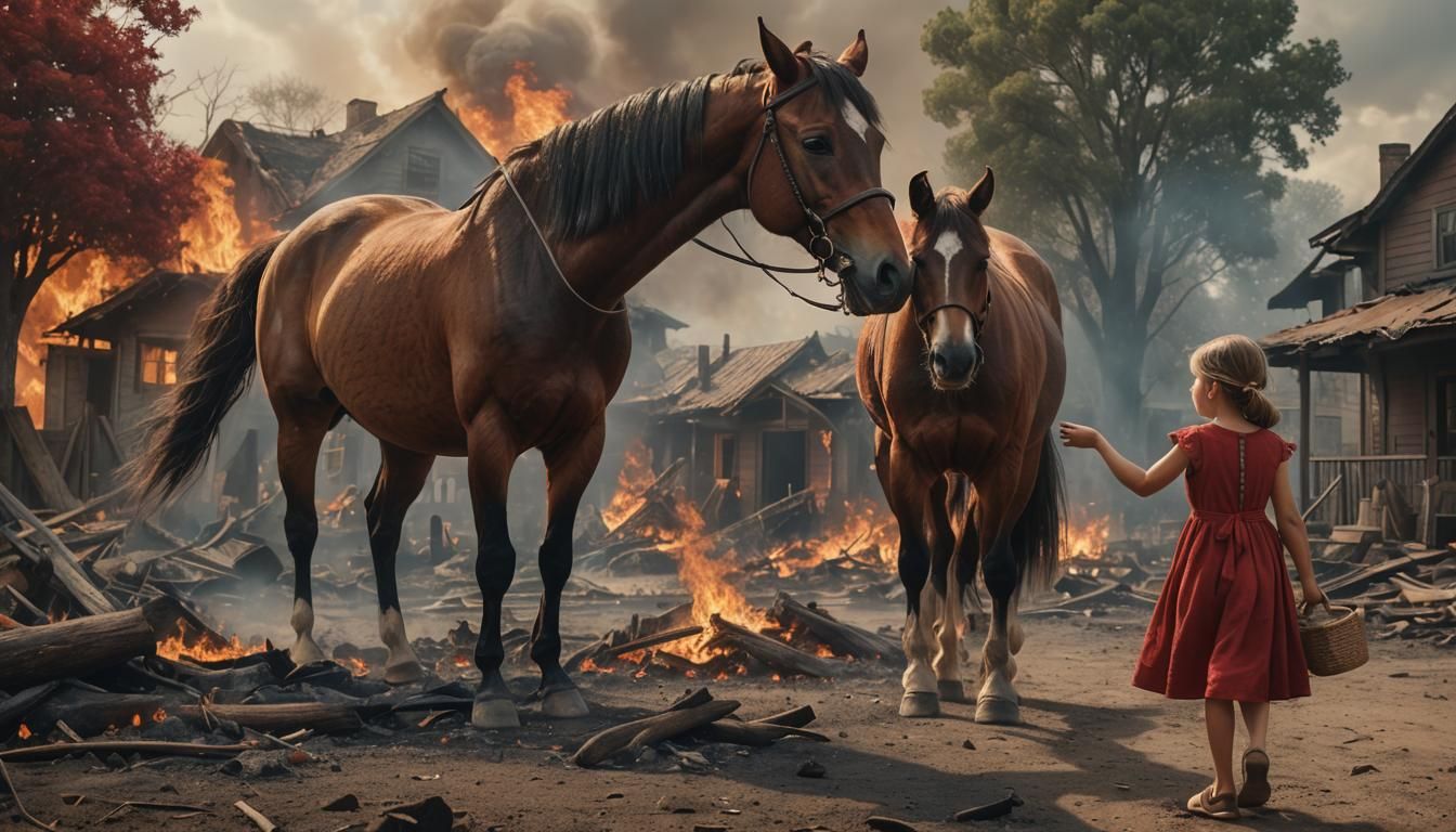 Powerful Woman in Sundress Amidst Burning House