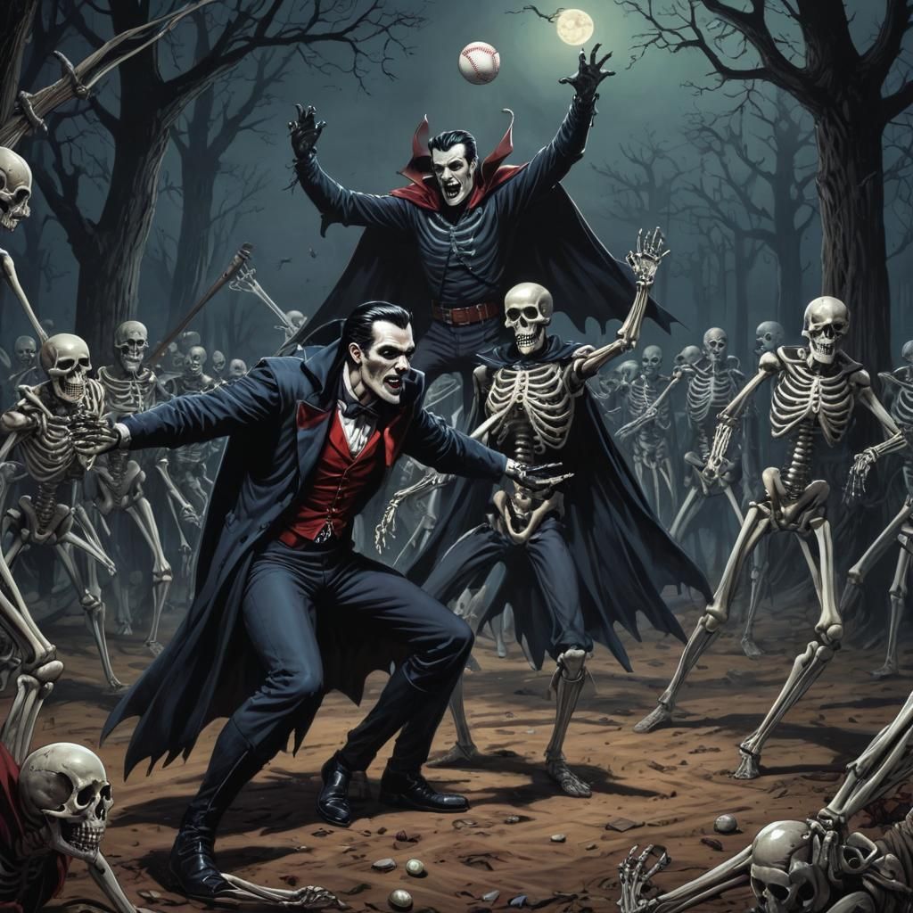 Dracula throwing baseballs at dancing skeletons Mark Brooks ...