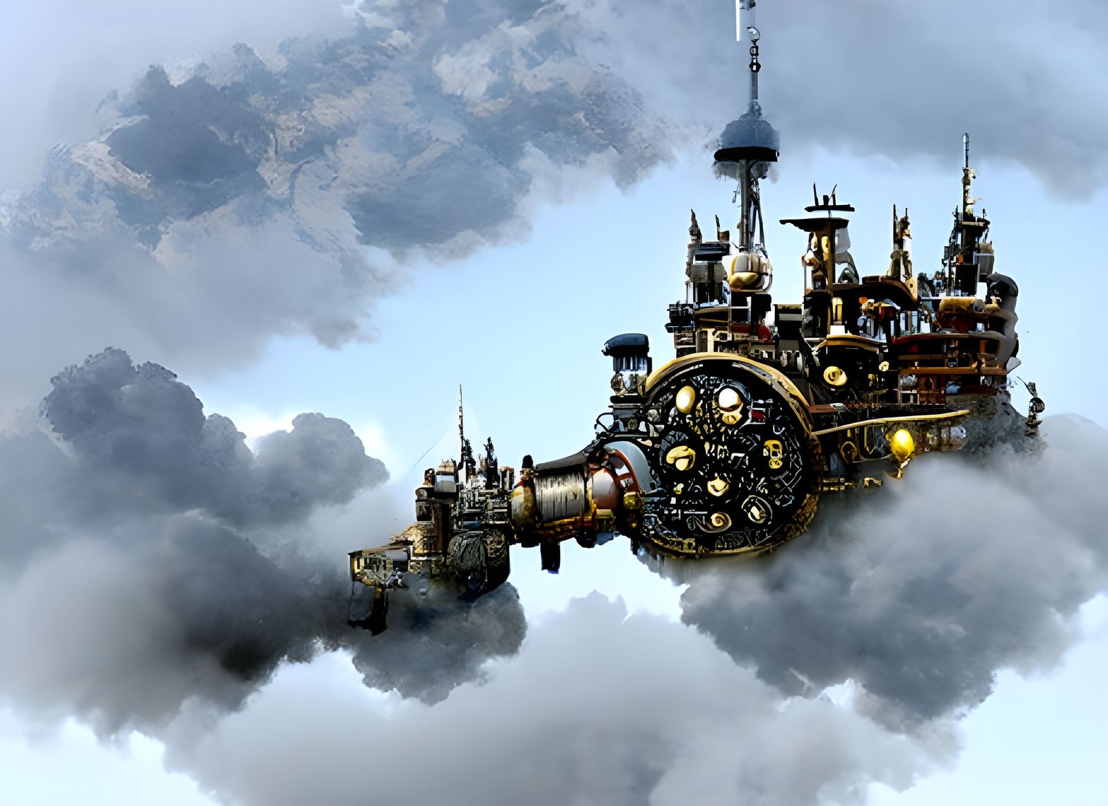 Steampunk Castle Soaring in Cloudy Skies