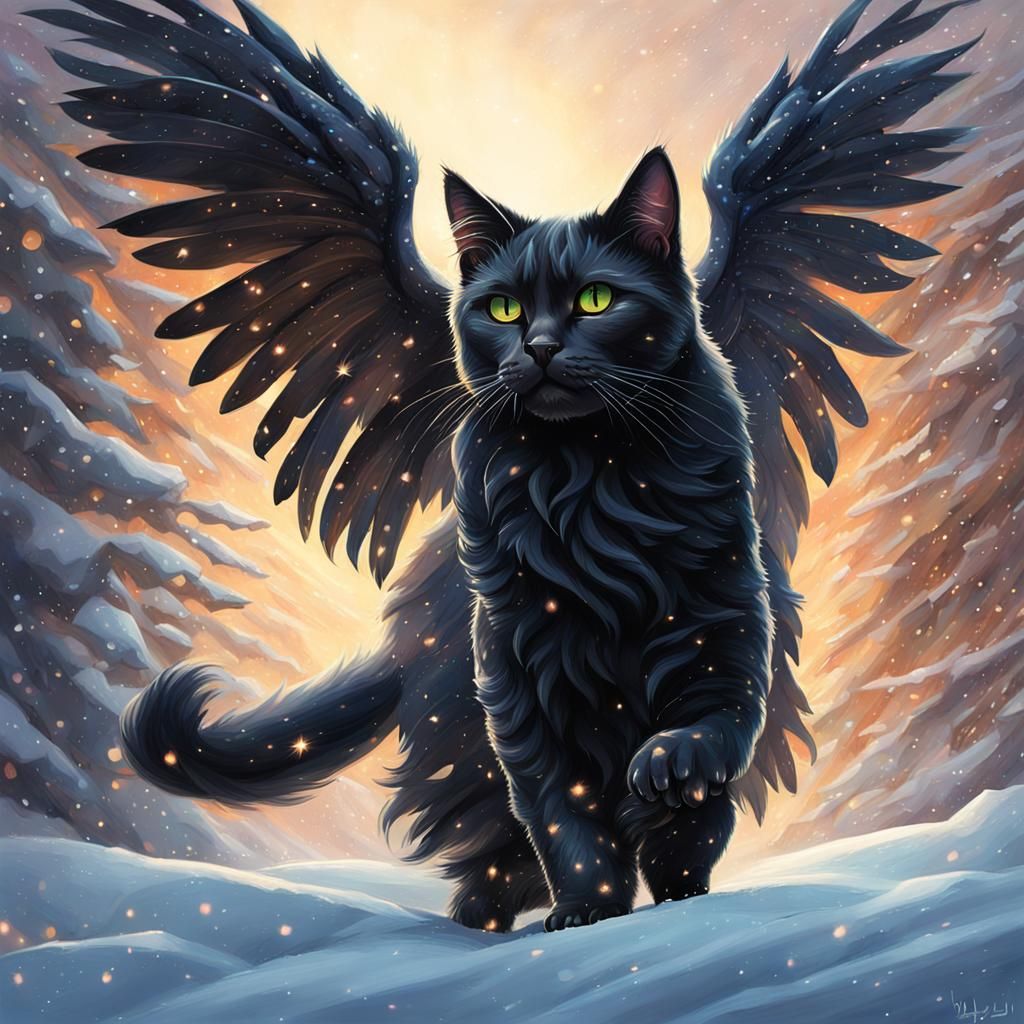 Winged Black Cat in Snow: Fantasy Art