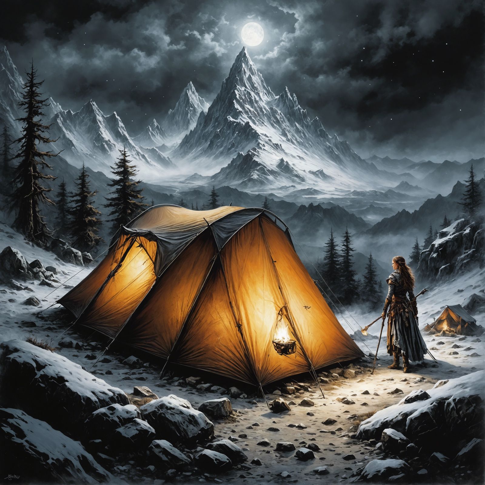 Adventuress Camping in Mysterious Mountains as Dark Fantasy ...