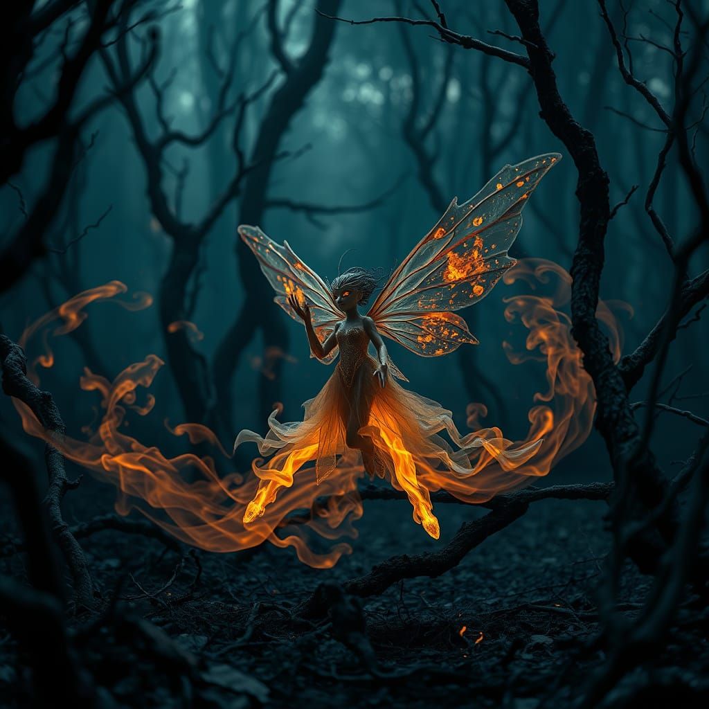 Ethereal Smoke-and-Ash Fairy in Charred Forest