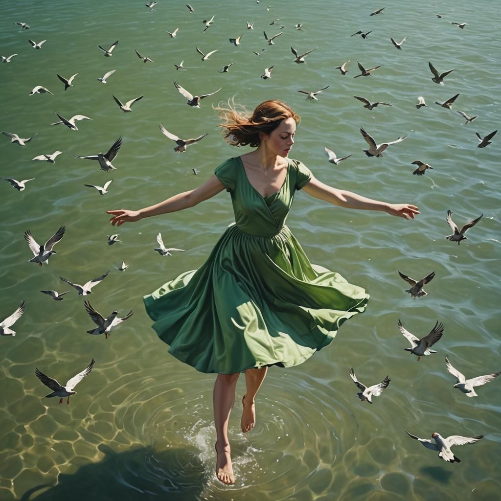 Surreal Dance Over Water in Bright Sunlight