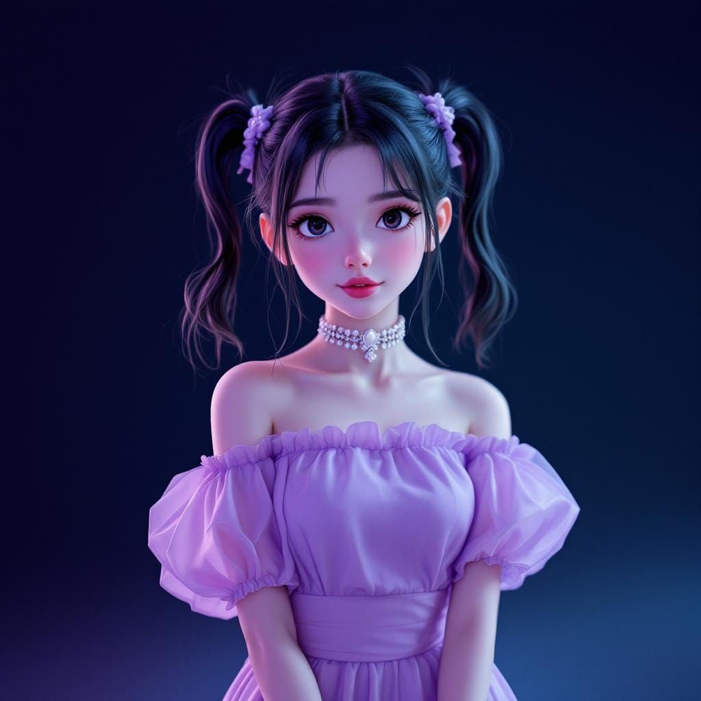 Anime Girl with Purple Dress in 3D Style