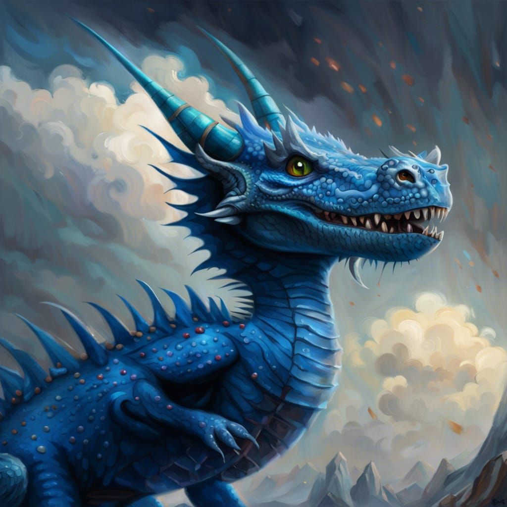 Cute Blue Dragon Showing Teeth in Expressionist Style