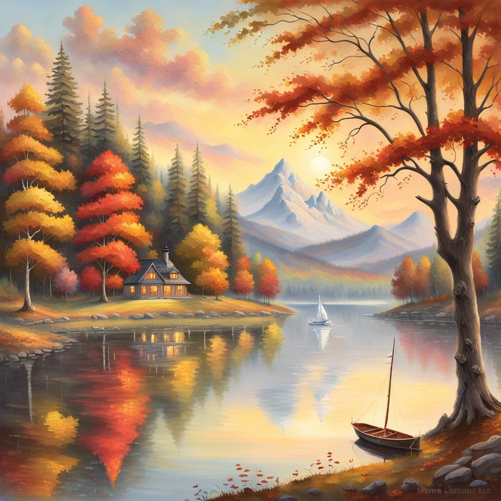 Idyllic Autumn Lake Scene in Fantasy Realism