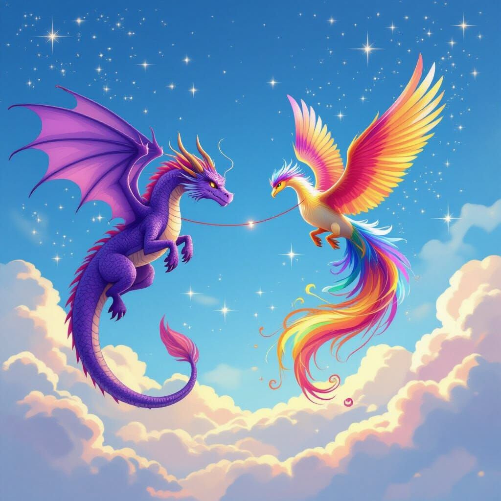Purple Dragon and Rainbow Phoenix in Starry Sky