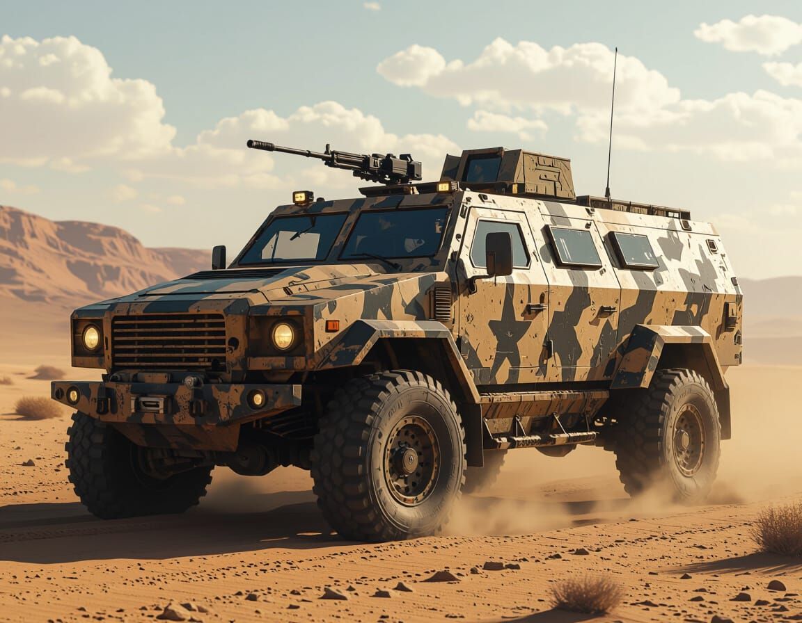 Camouflaged Armored Military Truck in Desert Landscape