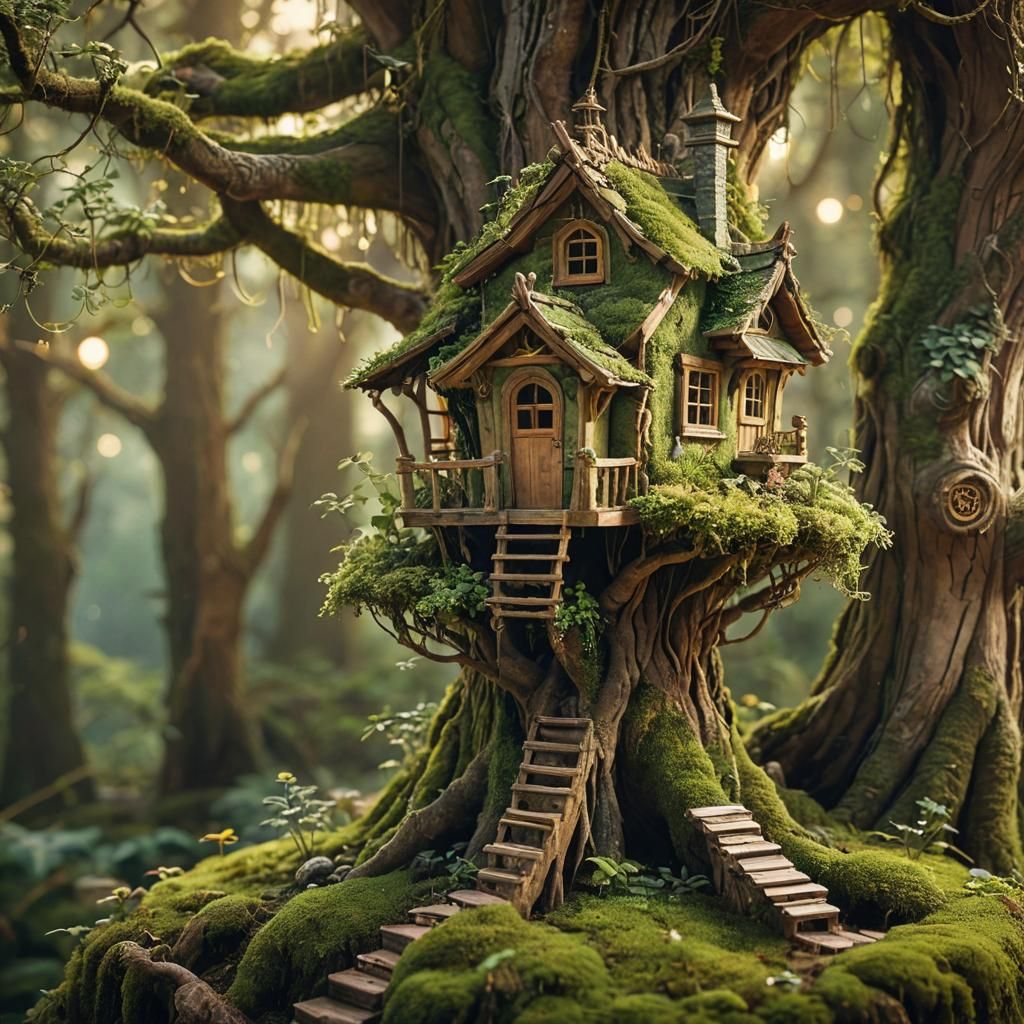 Whimsical Mossy Treehouse in Golden Sunlight