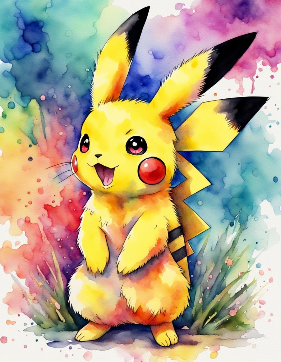Watercolor Rabbit Pikachu in Chibi Style