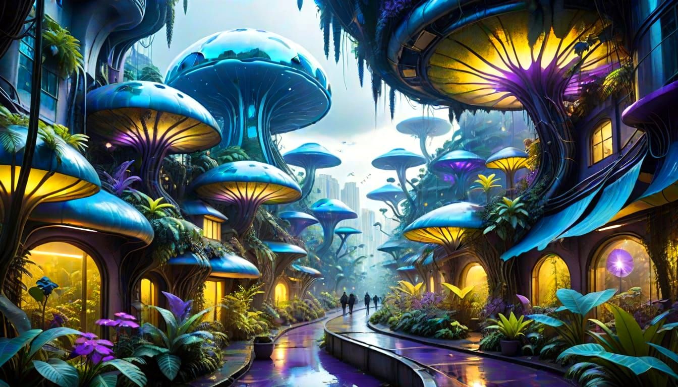 Vibrant Jungle Metropolis in a Dystopian Cyberpunk Style
