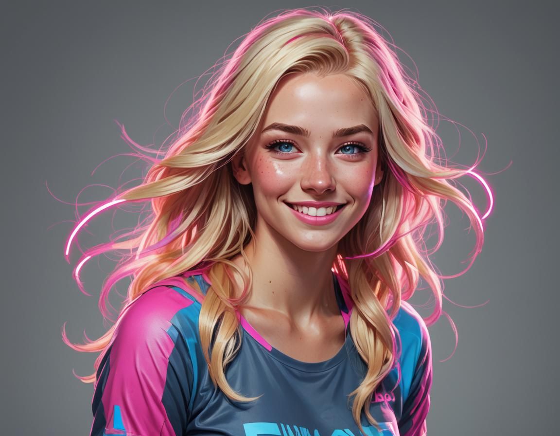 Realistic Portrait of a Blonde Girl with Neon Accents