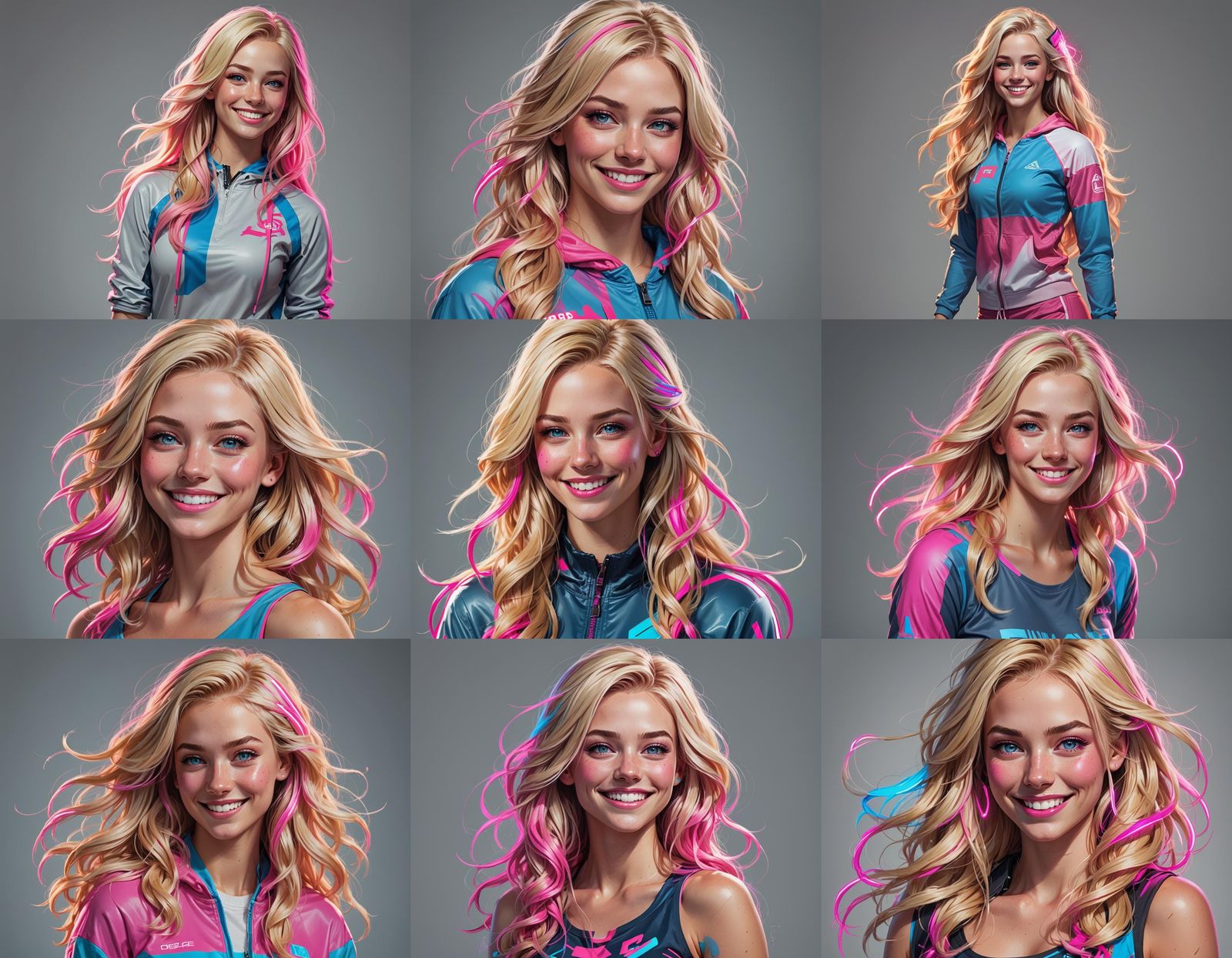 Realistic Portrait of Smiling Blonde Girl with Neon Accents