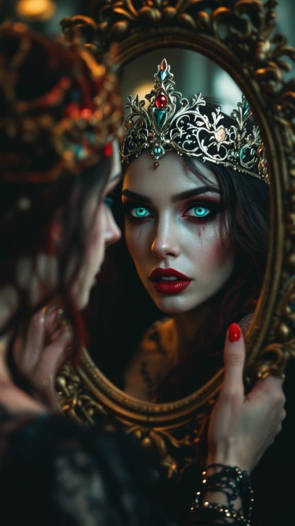 Surreal Queen Contemplates Dark Reflection