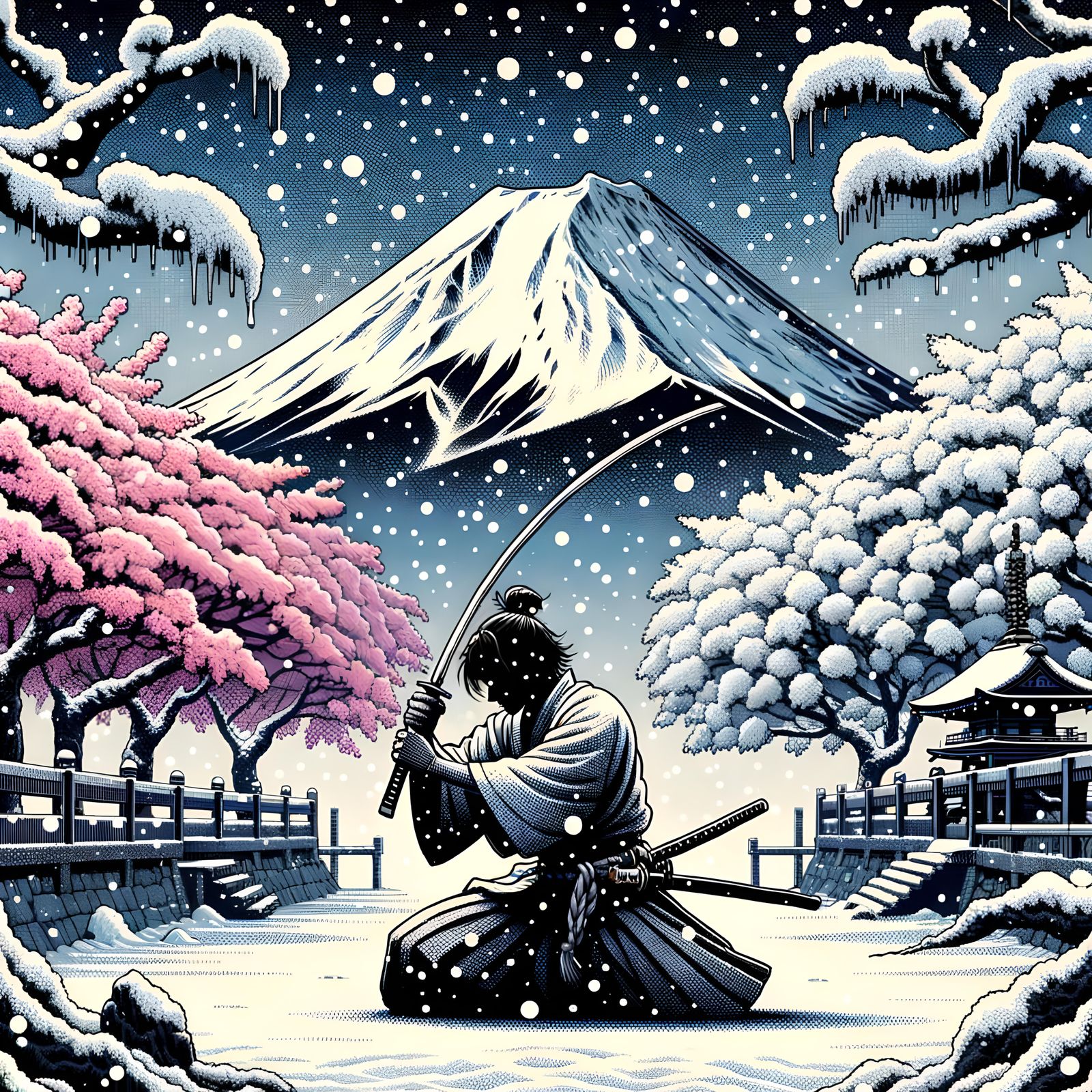 Swordsman in Snowy Landscape with Cherry Blossoms, in Anime ...