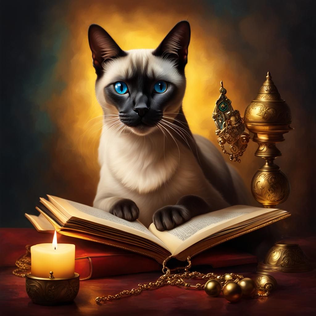 Hyperrealistic Siamese Cat with Bell, Book and Candle