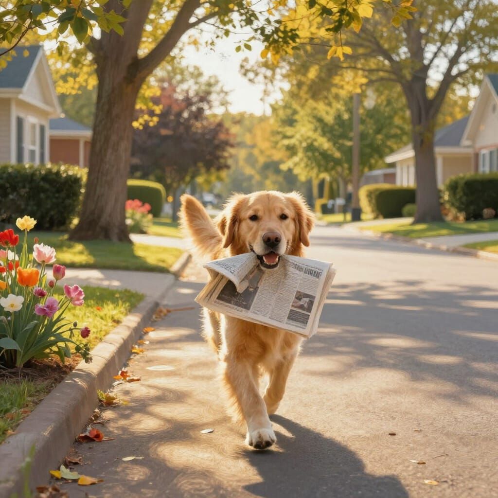 Golden Retriever Delivers Newspaper in Sunlit Impressionist ...