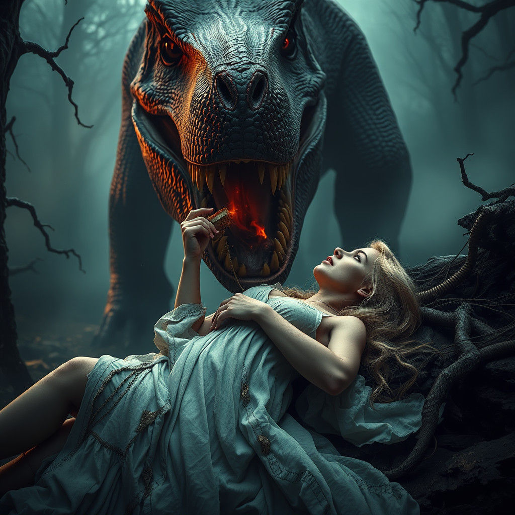 Dinosaur Encounter: Terrified Maiden in a Ruined World