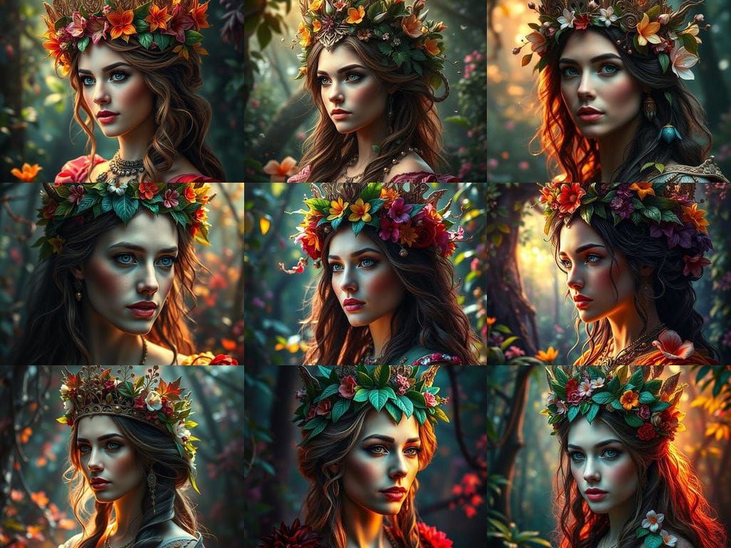 Forest Queen with Floral Tiara in Hyperrealistic Style