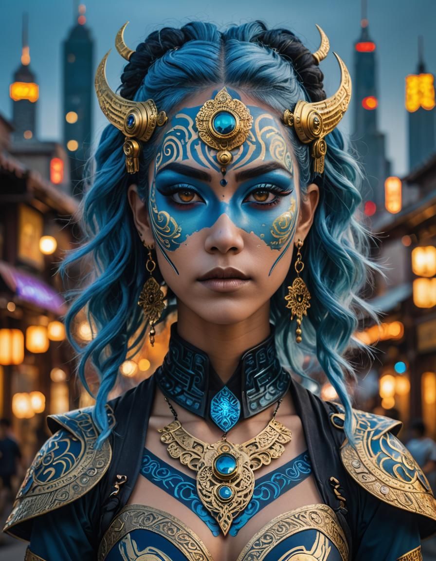 Cyberpunk Woman with Blue Hair and Gold Face Paint