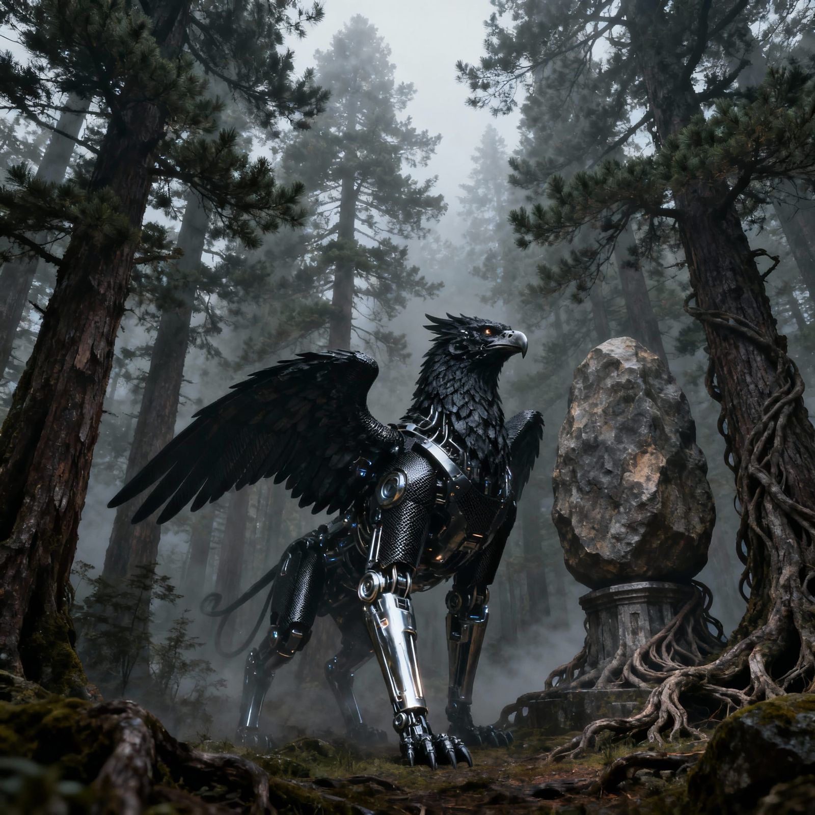 Biomechanical Griffin in Ancient Forest, Carbon Fiber and Me...