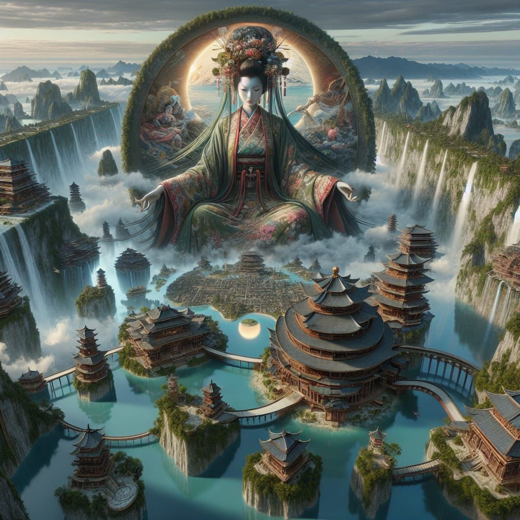 Giant Geisha Emerges in Ancient Chinese Landscape