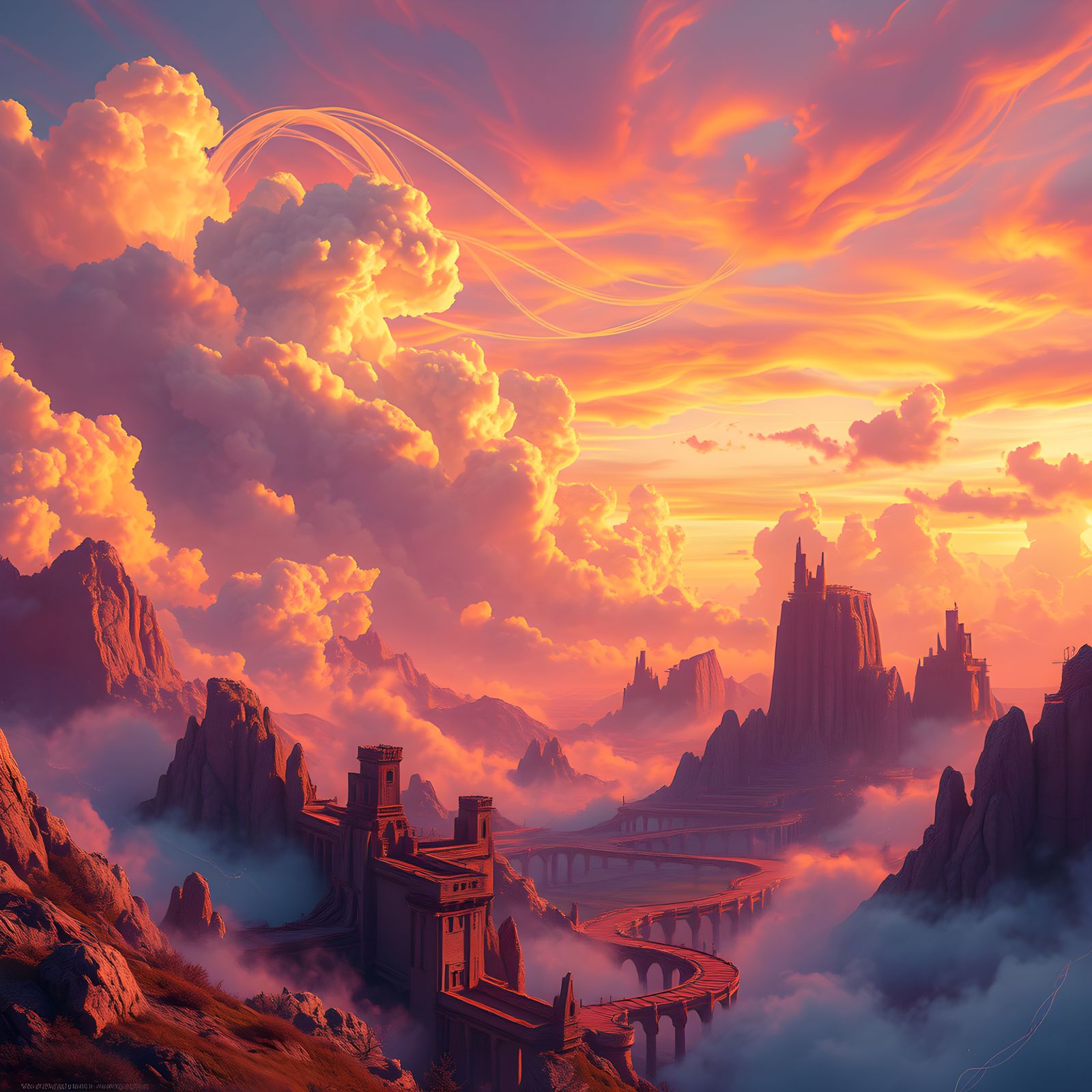 Ethereal Fantasy Landscape in Vibrant, Golden Hour Colors