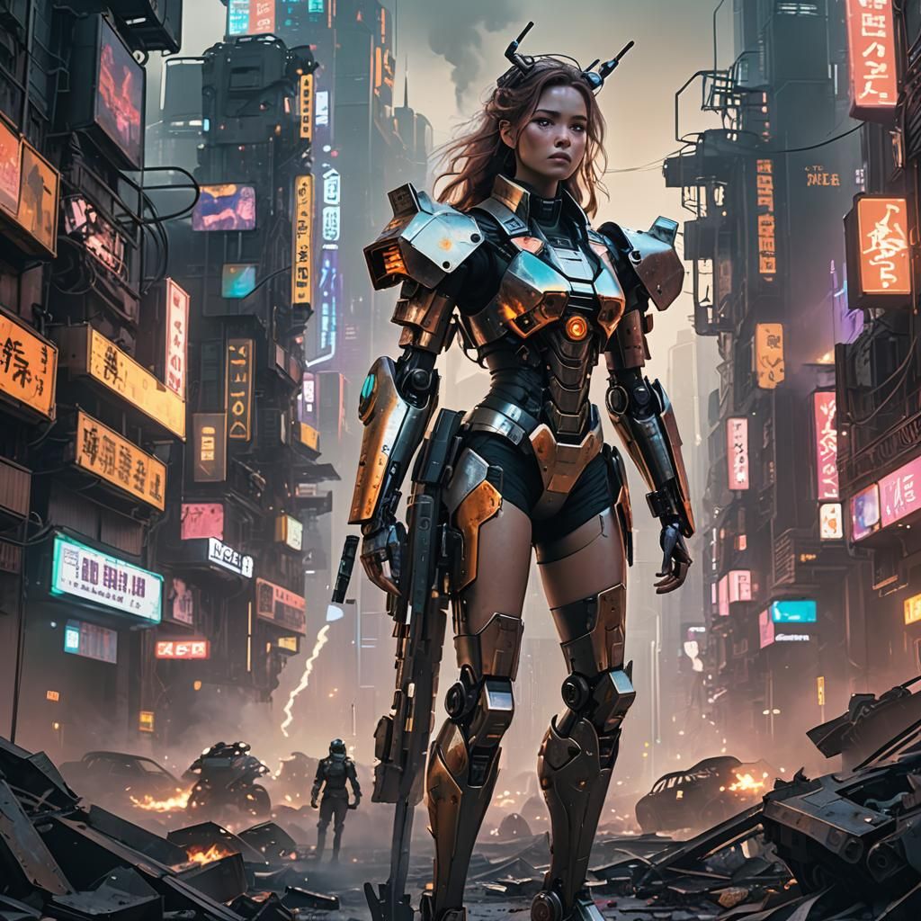 Cyberpunk Woman in Dystopian Metropolis