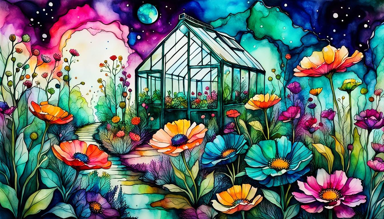 Otherworldly Flowers in Alien Greenhouse: Alcohol Ink Art