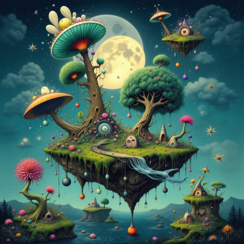 Floating Islands Connected by Moonlight Bridges