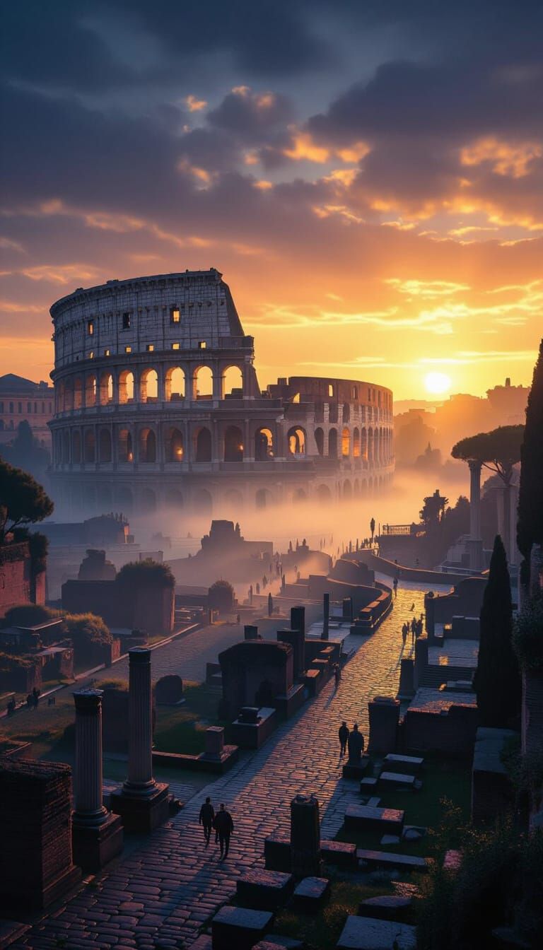 Ancient Rome at Dusk: Colosseum & Forum in Golden Light