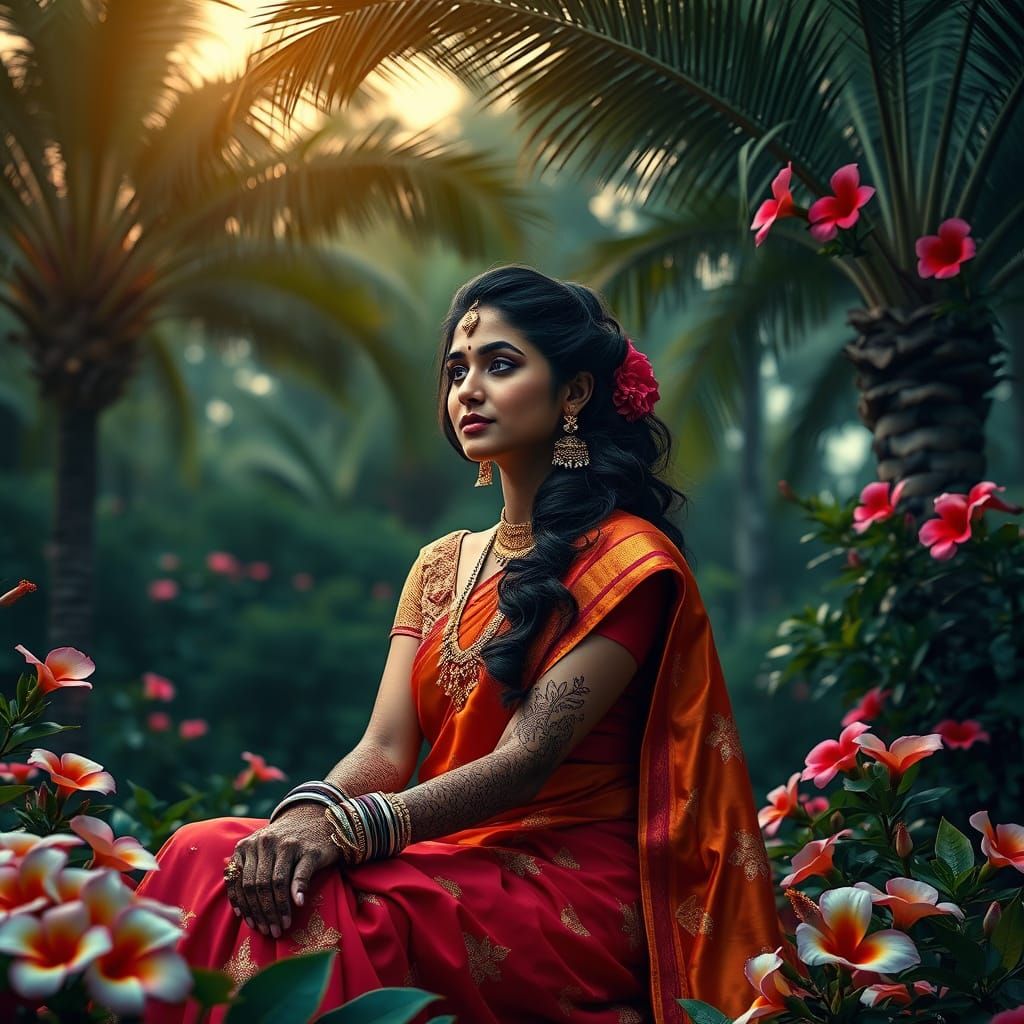 Elegant Indian Princess in Lush Garden Scene