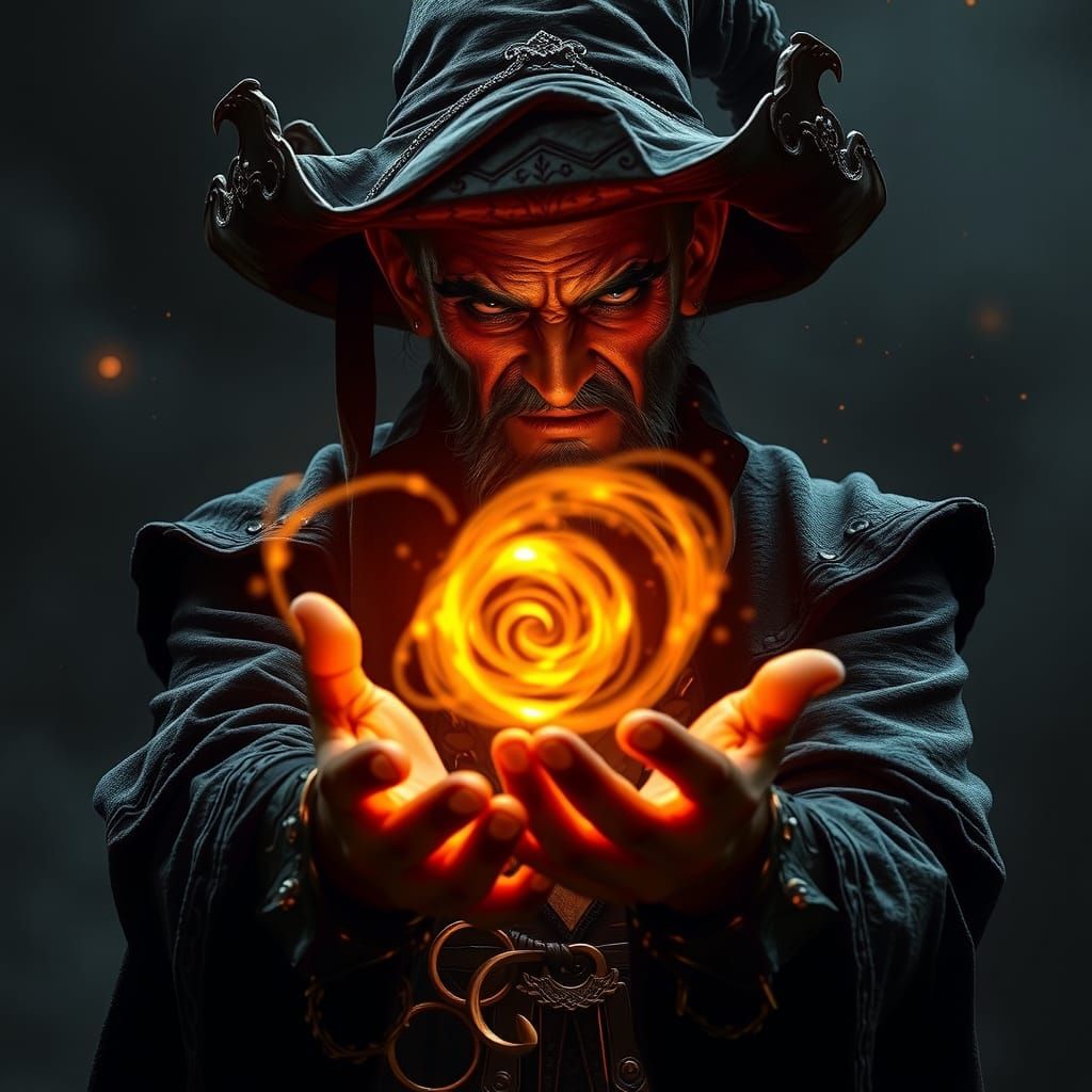Mischievous Dark Mage Casting an Orange Spell