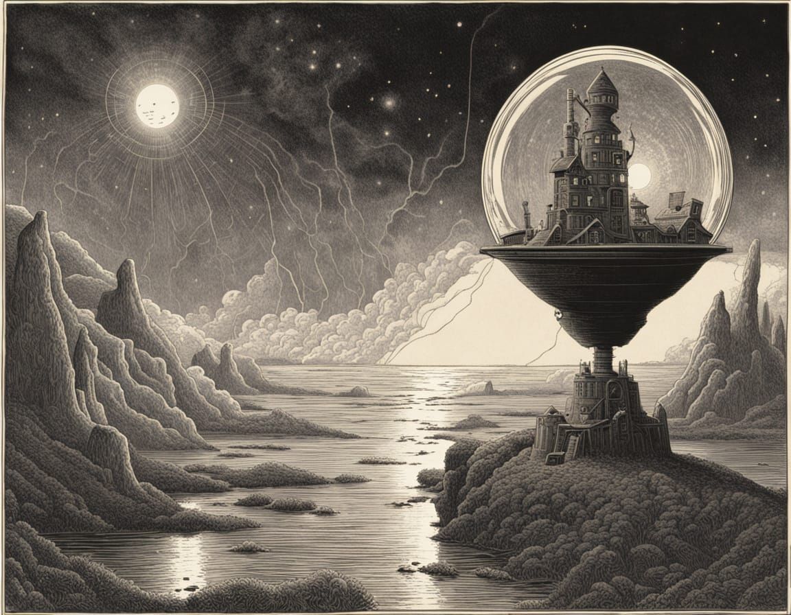 Spectral Inventor in Floating Observatory, Line Engraving