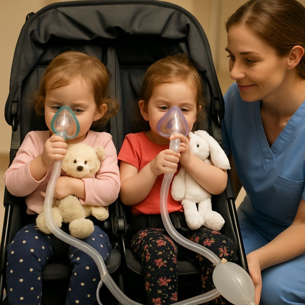 Two Toddler Girls in Medical Stroller with Nurse